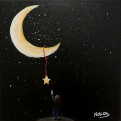 Japanese Nihonga painting surreal artwork for your home art for sale a little girl standing at the edge at night the stars are shining she is reaching for the moon and a yellow star over her heard reaching for her dreams