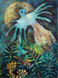 Intuitive Mixed Media Art mit Nachtigall und Blume des Lebens