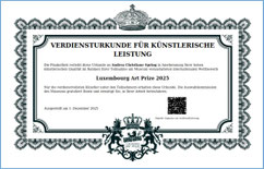 Andrea Christiane Spring, Künstlerin aus Worpswede, erhält die Verdiensturkunde für künstlerische leistung des Luxembourg Art Prize 2025