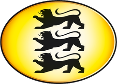 Baden-Württemberg-Logo, gelb und oval mit drei Löwen.
