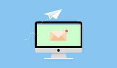 A blue background with a computer screen and a paper airplane flying out of it. Evokes sending a digital letter.