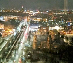 Nighttime view of central Riga from the men's toilet in Skyline Bar on the 26th floor of the Hotel Latvia