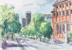 Sicht auf die Kunsthochschule und die Mundsburghochhäuser Aquarell und Fineliner Urban Sketching Skizzieren Bäume Straße Hamburg