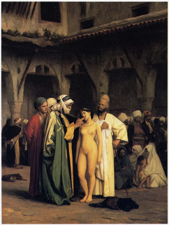 Une jeune fille slave est vendue comme esclave au marché. Tableau de Jean-Léon Gérôme. Temple de Paris