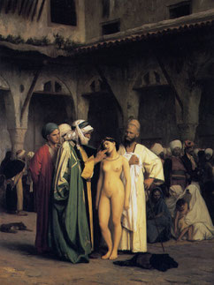 Une jeune fille slave est vendue comme esclave au marché. Tableau de Jean-Léon Gérôme. Temple de Paris