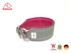 Windhundhalsband in grau mit Futterleder in pink und Polsterung Handarbeit