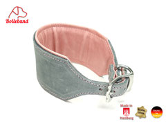 Windhundhalsband aus Fettleder in grau mit Polsterung und Futterleder in rosa Handarbeit.