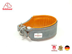 Windhundhalsband in grau mit Futterleder in orange gepolstert Handarbeit