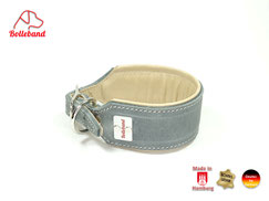 Windhundhalsband aus Fettleder in grau mit Polsterung und Futterleder in creme Handarbeit