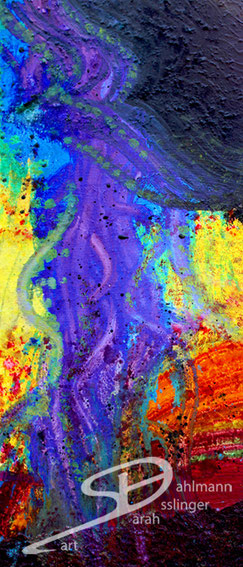 Sarah Esslinger-Dahlmann, Positiver Schmerz, Dezember 2005, 30 x 70 cm, Ölfarbe auf Leinwand, abstraktes, kraftvolles, farbintensives Werk, gelb, orange, rot und lila-blaue wellige Linien