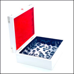 Holzbox,Geschenkbox in weiß für Weihnachten,mit Druck Merry Christmas in rot weiß grün Verziert mit rotem Plüsch. Die Box ist verziert mit Zierecken aus Metall.Ein Strassknöpfchen als Verschluss