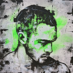 peinture streetart art contemporain portrait homme tableau man portrait graffiti vert noir et blanc original œuvre d'art moderne