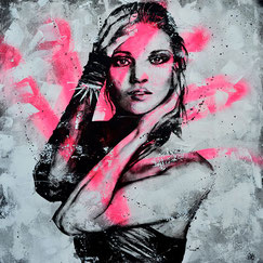 contemporary art portrait woman modern graffiti art streetart rose fluo noir et blanc black and white painting fashion art model pink color streetart