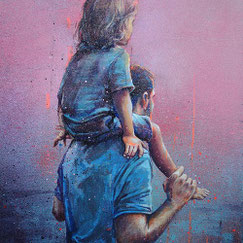 GRAFFMATT Achat oeuvre peinture tableau d'art enfant père couple papa fils personnage de dos art urbain portrait street-art contemporain famille
