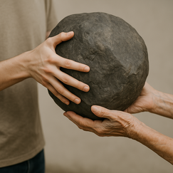 Nahaufnahme einer jungen und einer alten weißen Hand, die gemeinsam einen großen, schweren Stein halten – symbolische Darstellung des Zurückgebens übernommener Lasten.