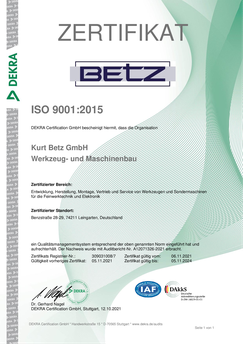 Kurt Betz GmbH Qualitaetsmanagement Zertifikat ISO 9001 2015