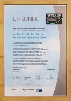 Urkunde Klimaschutz-Unternehmen Zedler Institut
