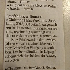 Romanempfehlung in der MainPost vom 17.09.2018