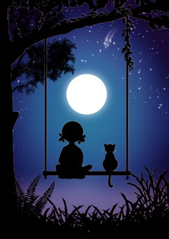 Bild. Vor einem dunkelblauen Nachthimmel mit Vollmond und Sternen ist eine Schaukel zu sehen. Diese hängt an einem Ast von einem Baum, der rechts im Bild steht. Schwarz. Auf der Schaukel sitzen ein Kind mit kleinen Zöpfen und eine Katze. 