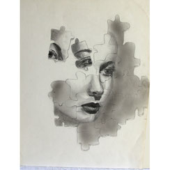 Dessin préparatoire portrait femme au puzzle - Mine graphite - Joelle Poret