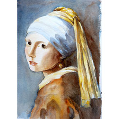 copie Vermeer la jeune fille à la perle - Aquarelle - Joelle Poret