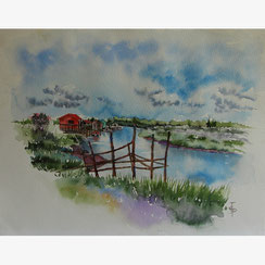 la cabane rouge - Aquarelle - Joelle Poret