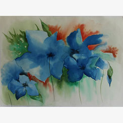 3 fleurs bleues 2 - Aquarelle - Joelle Poret