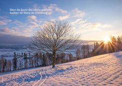 Trauerkarte, Beileidskarte, Winter, Schnee, Baum, Kastanienbaum, Sonnenuntergang, Baum im Sonnenuntergang, stimmungsvoll