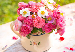 Fotokarte, Glückwunschkarte, Priska Ziswiler, Rosen, Anemonen, Herbstanemonen, Blumenstrauss, Herbstblumen