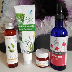 Jojoba, gel Aloe Véra, gélisucre, eau florale géranium