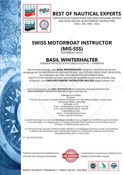 Basil Winterhalter – Zertifikat SWISS MOTORBOAT INSTRUCTOR (MIS-SSS), HOZ Hochseezentrum International, geprüfte Motorbootkompetenzen.