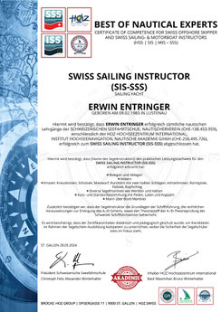 Erwin Entringer – Zertifikat SWISS SAILING INSTRUCTOR (SIS-SSS), HOZ Hochseezentrum International, geprüfte Kompetenzen Segelausbildung.