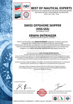 Erwin Entringer – Zertifikat SWISS OFFSHORE SKIPPER (HSS-SSS), HOZ Hochseezentrum International, Skipper für Mittelmeer- und Gezeitenreviere.