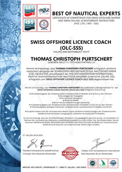 Thomas Christoph Purtschert – Zertifikat SWISS OFFSHORE LICENCE COACH (OLC-SSS), HOZ Hochseezentrum, Experte für CCS & SYA Prüfungen.