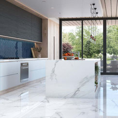 Kitchen islands will look elegant and modern when clad in thin engineered stone panels