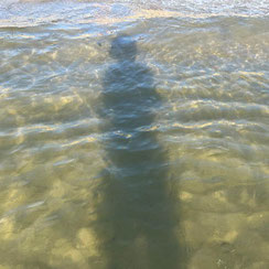 Het zeewater komt op, pas op voor natte voeten. De zon schijnt op mijn rug, mijn schaduw raakt het zeewater...