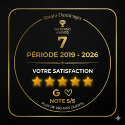 Vignette satisfaction Studio Danimages : 7 Wedding Awards (2019-2026) et plus de 280 avis 5 étoiles sur Google et Mariages.net.