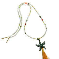 Damen-Halskette lang, Seestern grün und groß,Kristalle weiß - bunt, Perlenhalskette, moderne Halskette,  Edelstein-Halsketten, Fashion Style Halskette, weiß-grün-orange-gelb, Damenhalskette online, Sommerhalskette lange Quaste,