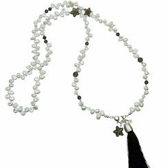 Lange Halskette Damen Keshiperlen weiß-braun Rauchquarzsterne lange Quaste Silber 925