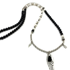 Damen-Halskette lang schwarz-weiß Onyx Engelsanhänger Muschelkernperlen Engelsanhänger Erbskette 