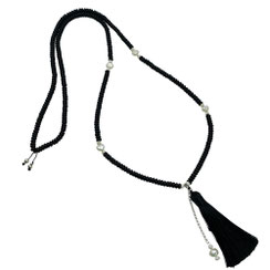 Damen-Halskette lang schwarze Onyxrondelle Süßwasserperlen lange Quaste, Silber 925