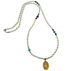 Halskette lang Damen Muschelkernperlkette Amazonit türkis vergoldeter Madonna-anhänger Silber 925 
