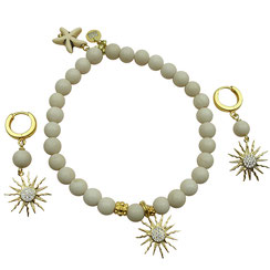 DamenSchmuckSET Armband und Ohrringe weiß gold Perlen Jaspis Sonnenahänger mit Zirkonia Silber 925 Sommerschmuckset weiß gold 