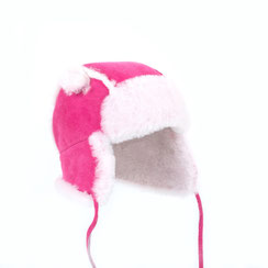 chapeau chapka bonnet cagoule bébé enfant en peau d'agneau double face peau lainée peau de mouton retournée fourrure naturelle intérieur fourré cuir fille rose fushia