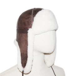 Chapeau chapka cagoule toque bonnet en peau d'agneau double face peau lainée chapeau en peau de mouton intérieur fourré fourrure naturelle de mouton blanche marron vieilli vintage aviateur cuir lisse homme femme