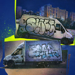 peinture tableau d'art contemporain urbain cityscape streetart art urbain graffmatt nocturne scène de rue nuit tag camion tagué graffé graffiti truck night art painting