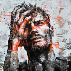 peinture œuvre d'art originale artiste GRAFFMATT Portrait homme expressif orange street-art graffiti art urbain contemporain texture grunge moderne tableau d'art à vendre collection 