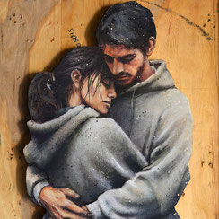 art graffmatt artiste Œuvre d'art originale figurative réaliste art contemporain sur bois couple amoureux love homme femme street art