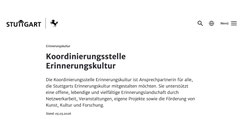 Screenshot der Website „Koordinierungsstelle Erinnerungskultur", URL: https://www.stuttgart.de/kultur/kulturelle-vielfalt/erinnerungskultur