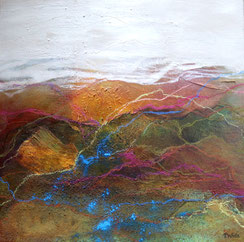 peinture acrylique utilisant le pastel, l'encre, des pigments et de la matière. C'est un paysage impressionnisme et abstraction semi-concrète. Il s'agit d'un tableau riche en couleurs et texturé utilisant les ocres mais aussi le bleu et le rouge.